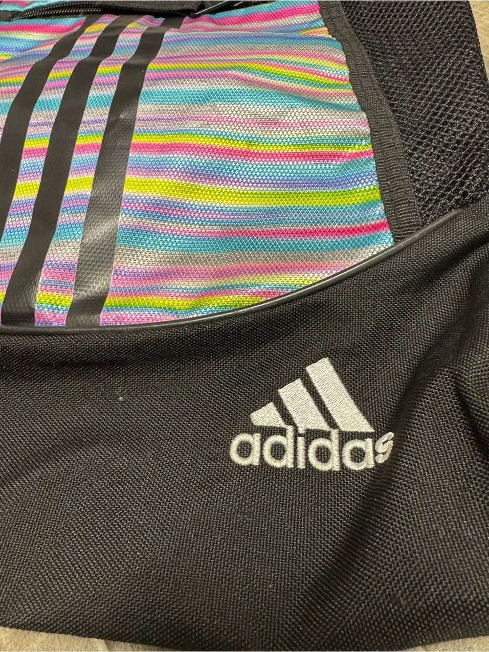 Adidas Black Rainbow Striped Drawstring Backpack Gym Travel Lightweight Unisex